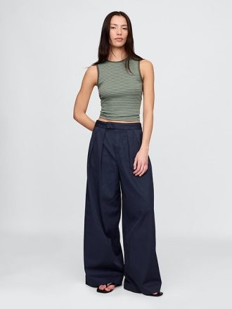 High Rise Twill Plisserade Wide-Leg Khakis