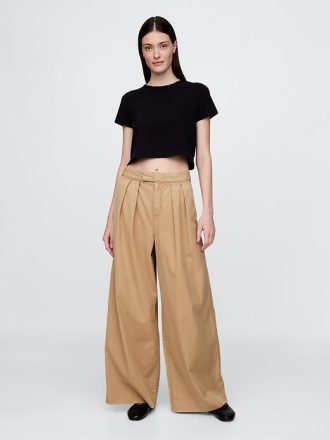 High Rise Twill Plisserade Wide-Leg Khakis