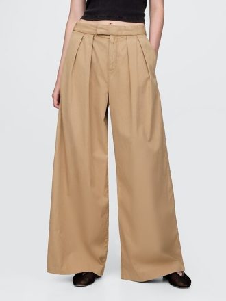 High Rise Twill Plisserade Wide-Leg Khakis
