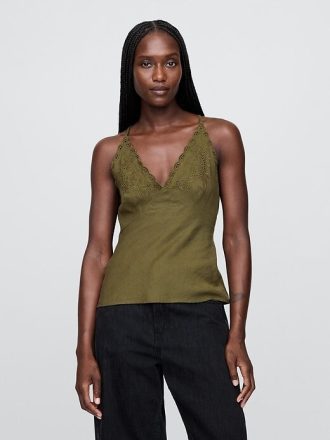 Linen-Blend Broderad Halter Top