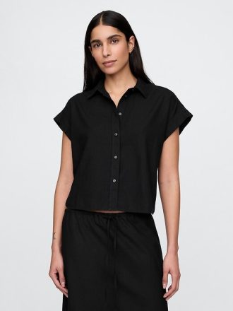 Linen-Blend Crop Shirt