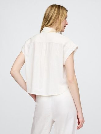 Linen-Blend Crop Shirt