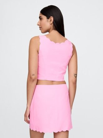 Linen-Blend Scalloped Crop Top