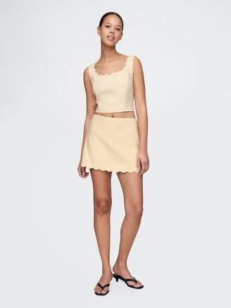 Linen-Blend Scalloped Crop Top