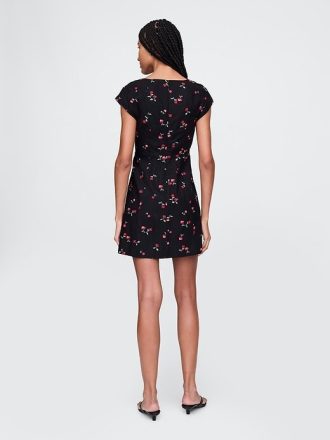 Linne-blandning Cap-Sleeve Mini Klänning