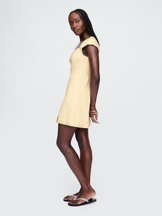 Linne-blandning Cap-Sleeve Mini Klänning