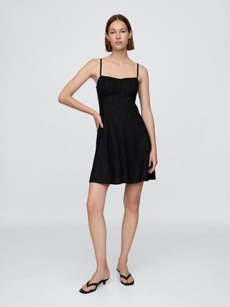 Linne-blandning Shirred Bodice Mini Dress