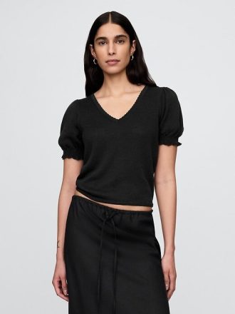 Linne-Blend Puff-Sleeve Sweater Top