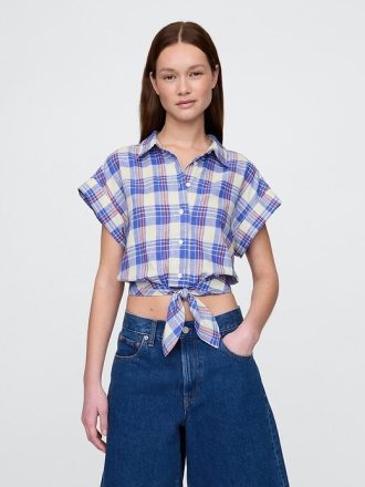 Linne-Blend Tie-Front Crop Shirt