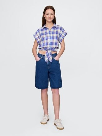 Linne-Blend Tie-Front Crop Shirt